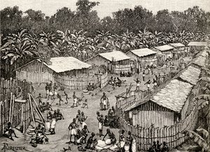 Uitzicht op het dorp Utiri, Tanzania, 1890 (houtsnede)